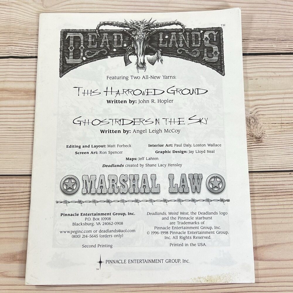 Deadlands Marshal Law Adventure Book 1998 Pinnacle RPG Book 2nd Print -No Screen